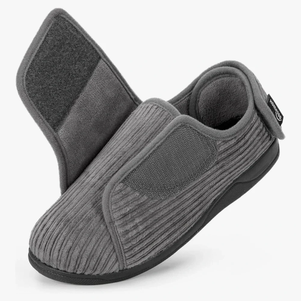 Hometop Grey House Slippers Traction Hard Soles Double Velcro Woman 9 Elderly - Picture 1 of 9